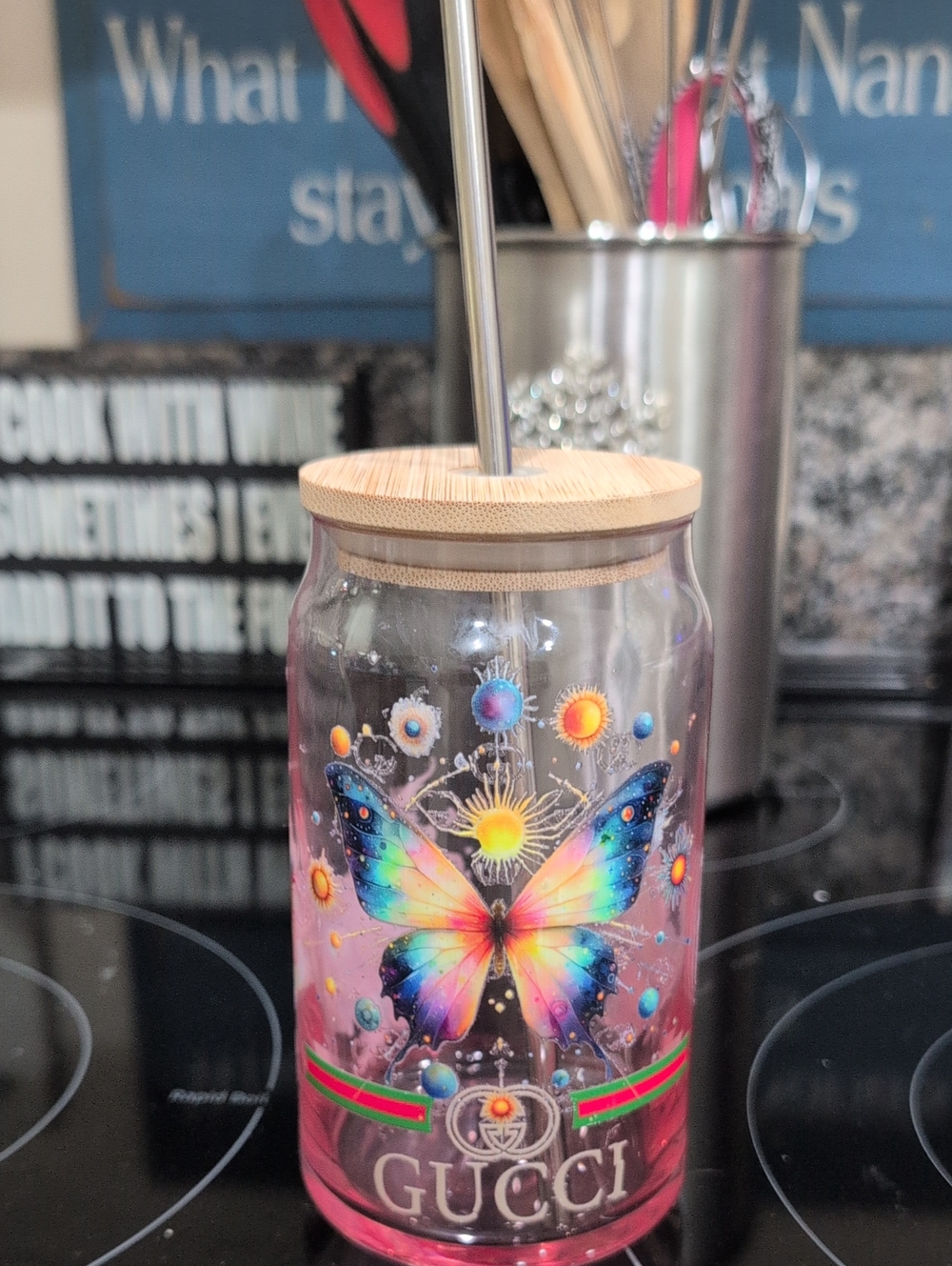 Fashion Butterfly Light Pink GlassTumbler With Butterflies Motif And Steel Straw
